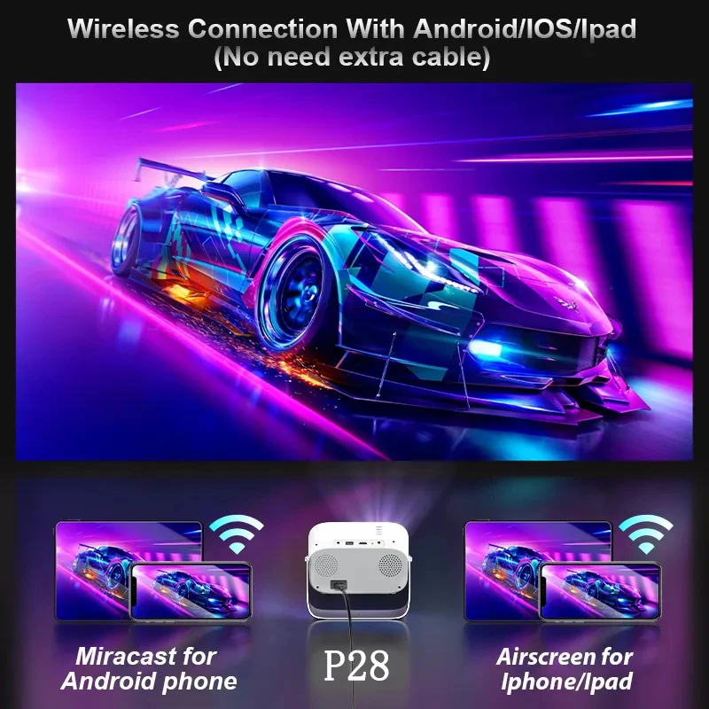P28S 4K-Dekodierung WiFi6 BT5.0 1280*720P Heimkino-Deckenprojektor, kompatibel mit iOS Android, tragbarer Büro-Mikroprojektor