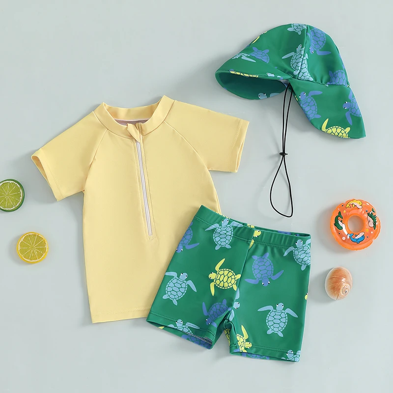 3pcs Baby Boys Turtle Pattern Swimsuit Set Zip T-shirt & Swim Trunks Stretchy Surfing Suit for Summer Beach Vacation