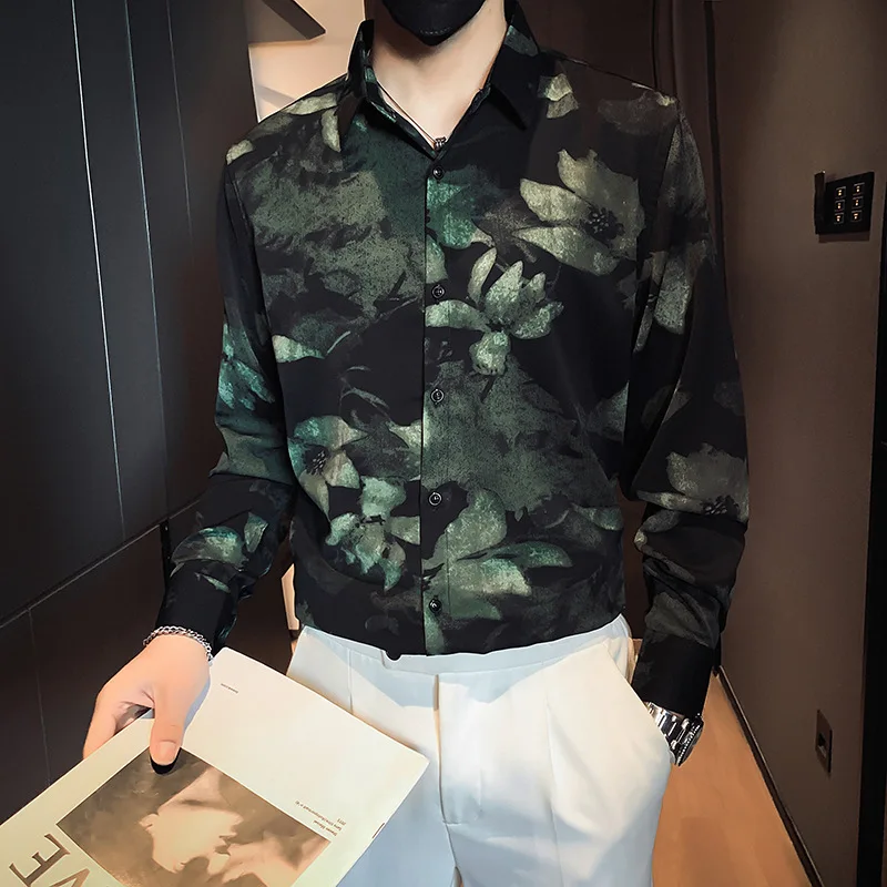 Autumn and Winter Floral Printed Shirt for Men Long Sleeve Casual Shirts Chinese Style Slim Fit Business Social Lapel Shirts