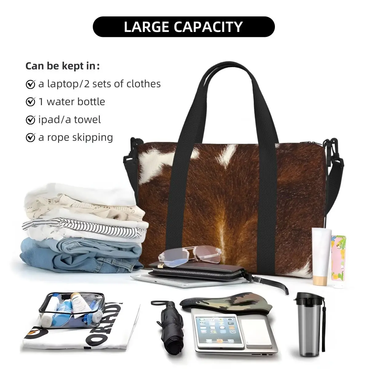 Stylish Cow Fur Cowhide Texture Cow Skin Print Patter Beach Travel Bag Tote Bags for Gym Women Shopping Duffle Shoulder Bag