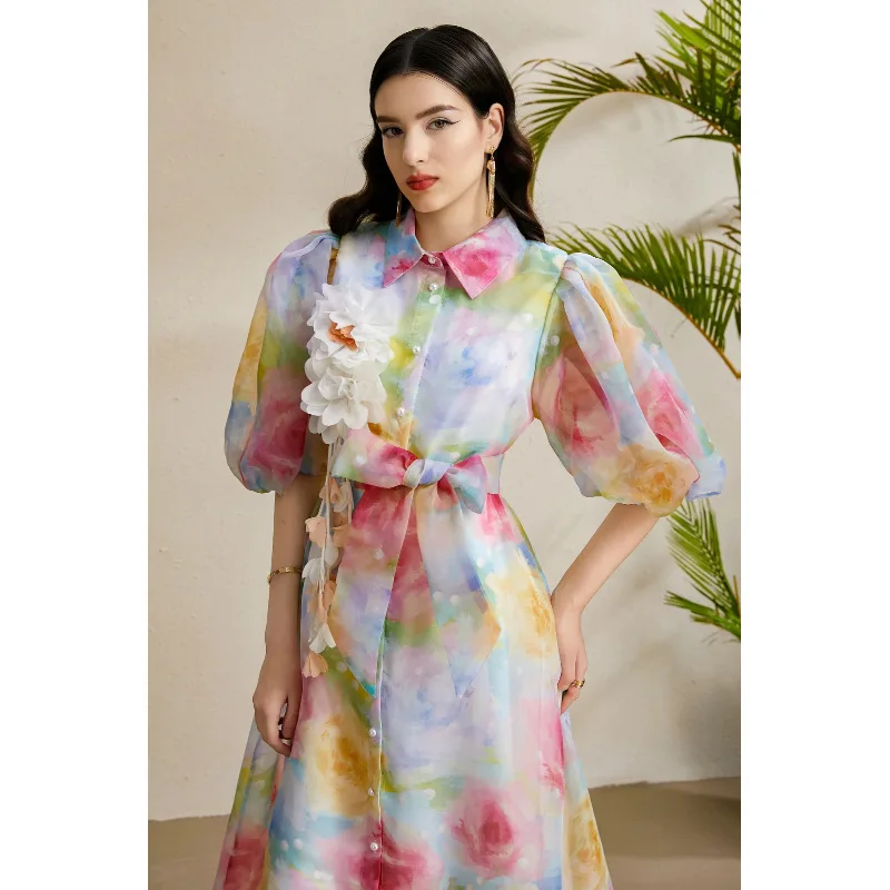 KAROLINA2025 Vestido de cuello festivo con estampado floral 3D de manga larga y manga abullonada para principios de otoño, es...