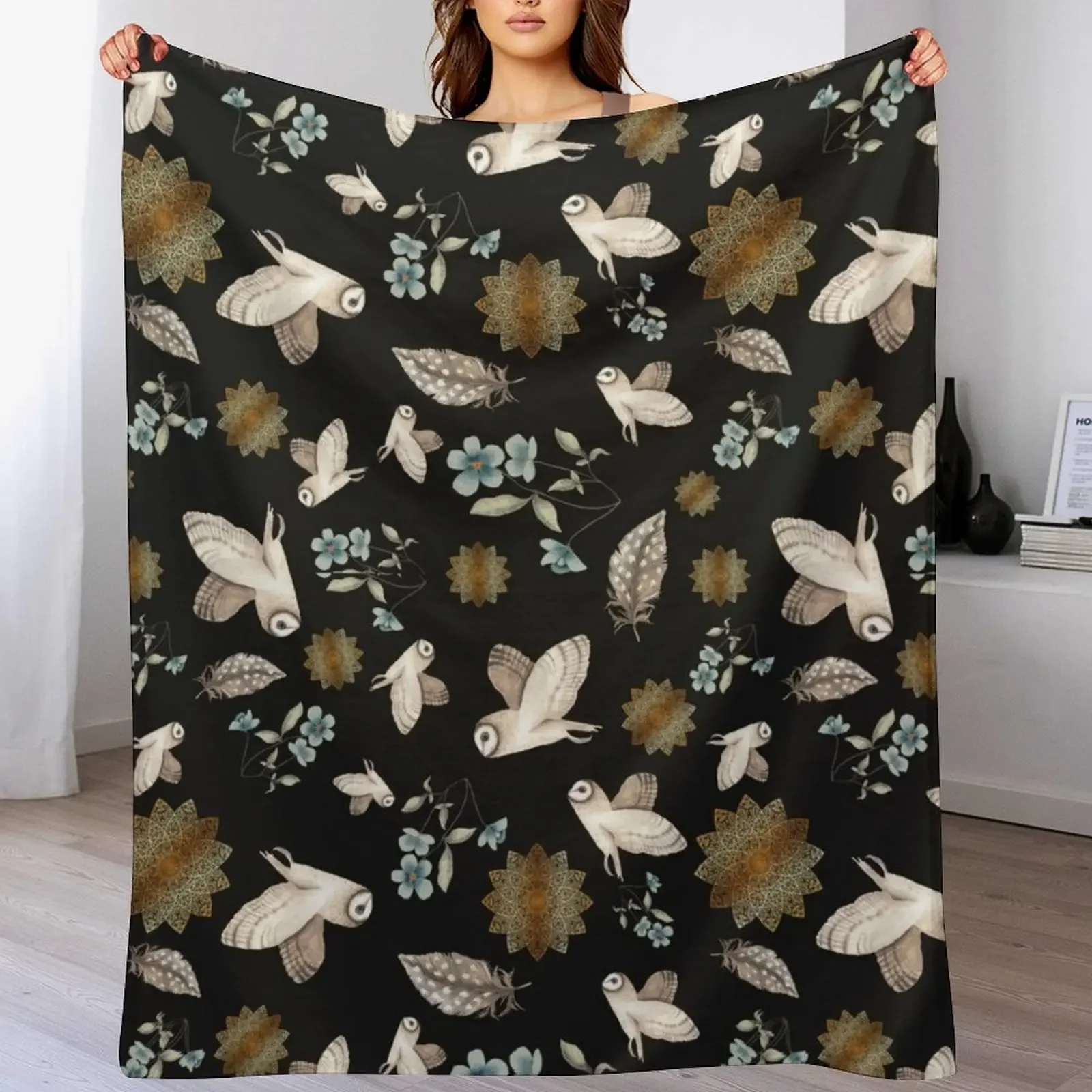 

Barn Owl Pattern in black Throw Blanket Decorative Beds funny gift Designers Retros Blankets