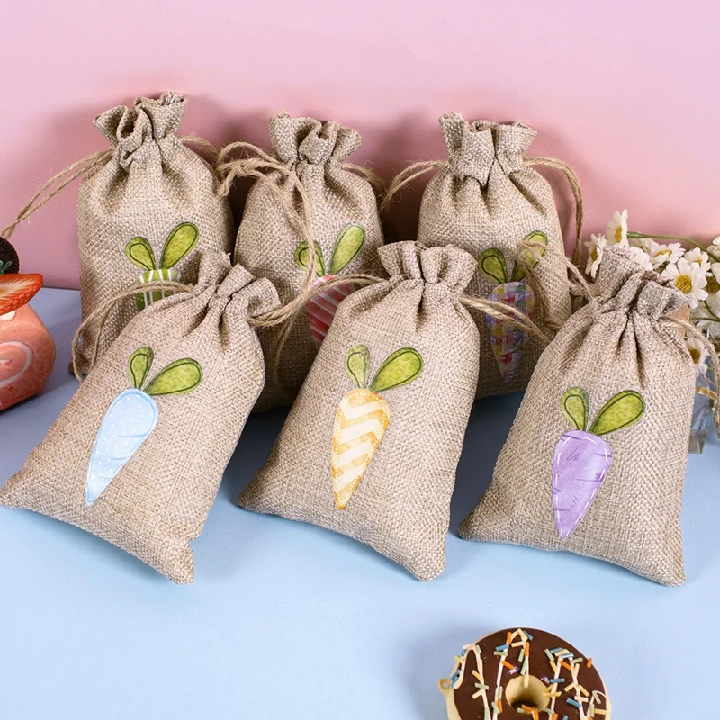 6pcs Easter Burlap Candy Bags Bunny Carrot Egg Pattern Jute Linen Treat Gift Bags for Easter Party Kids Cookies Snack Pack Bags