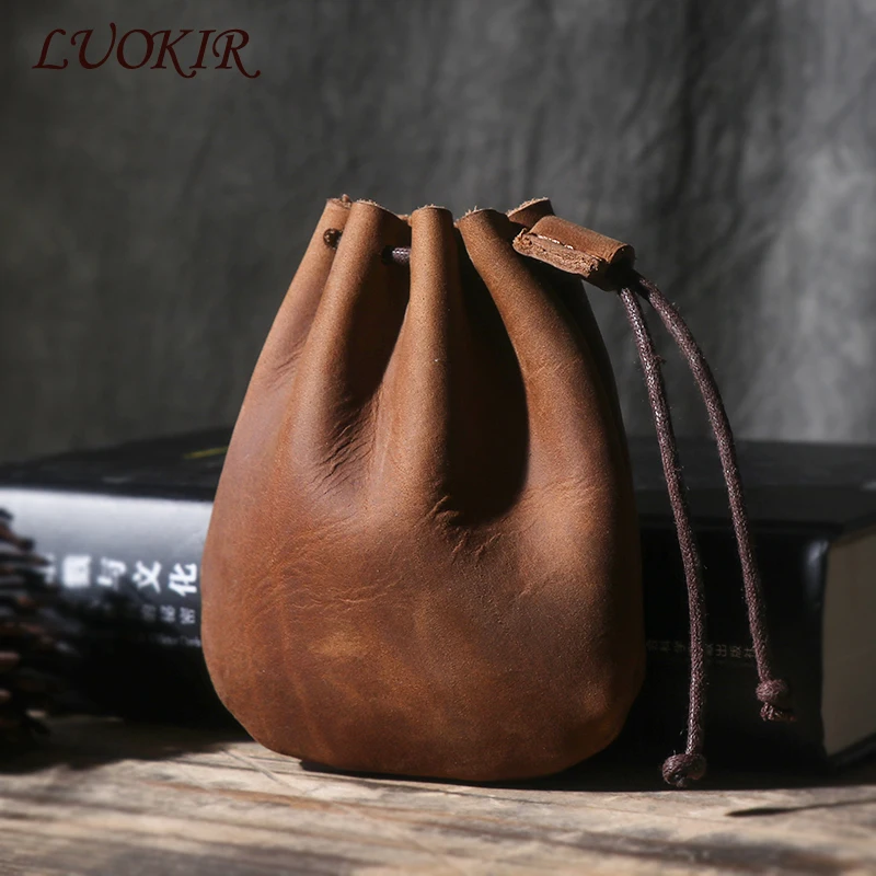 

LUOKIR Men's Genuine Leather Coin Purse Simple Vintage Small Card Bag Women's Cowhide Wallet Keys Money Drawstring Storage Bags