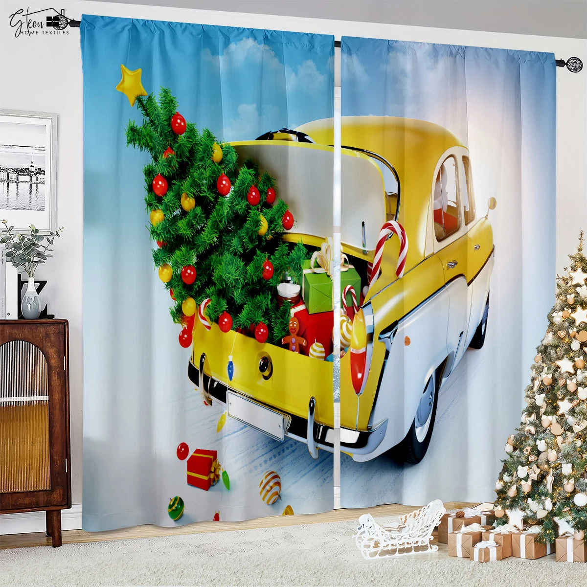 

Christmas New Year Decoration Curtains Christmas Tree Santa Claus Gift Restaurant Children's Room Holiday Party Curtains 2 Pcs