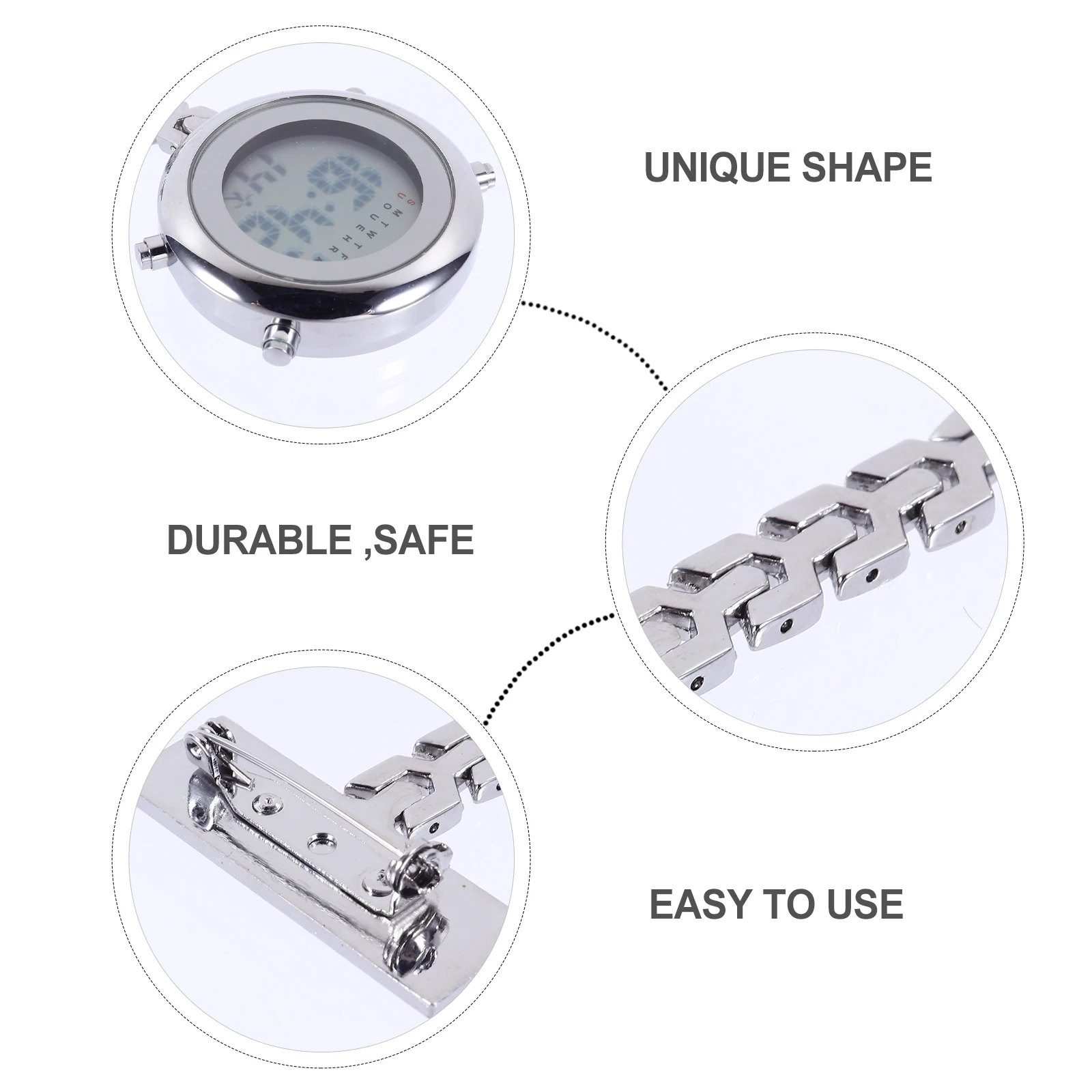 Electronic Digital Chest Watch Nurse Watches Pendant Mirror Ordinary Glass Alloy Case Safety Pin Dust Free Practical