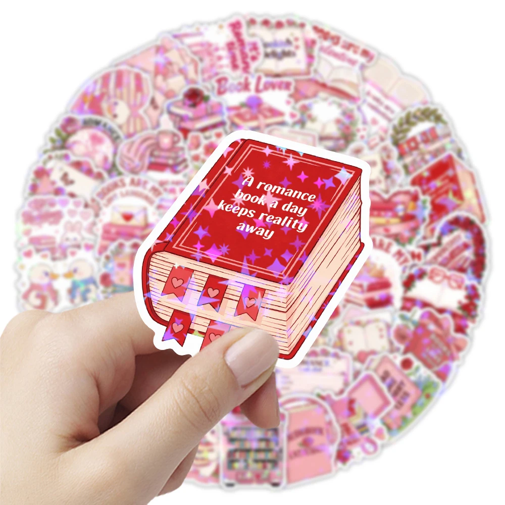 10/30/50 Stück Niedliche Rosa Valentinstag Buchliebhaber Cartoon-Aufkleber Holographischer Laser-Stil Abziehbilder Wasserfeste Graffiti-Sticker für Notizbuch und Handy