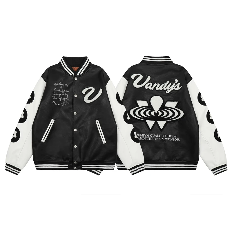 

VANDYTHEPINK Jacket Flocking Embroidery Leather Coat Loose Casual Men Women Couples Vandy The Pink Baseball Uniform