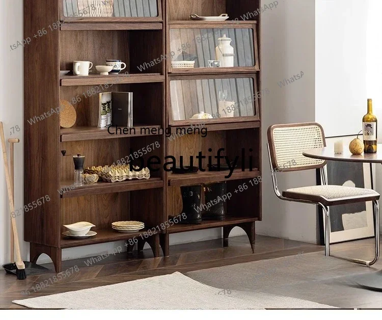 X  GG Vintage Black Walnut Solid Wood Bookshelf Living Room Dustproof Glass Display Storage Cabinet