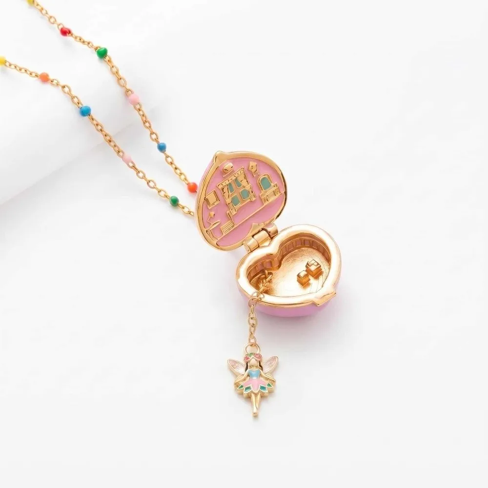 Alloy Opening Closing Phase Box Necklace Pink Gold Color Interesting Pendant Choker Whimsical Cute Pentagram Heart Ring