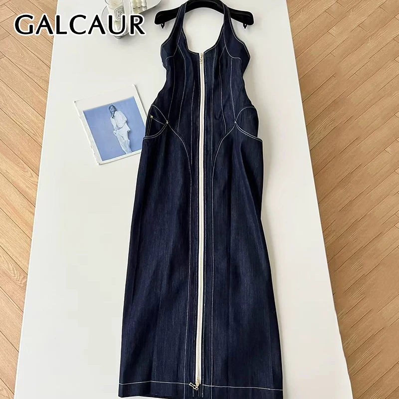 

GALCAUR Solid Slimming Spliced Zipper Fashion Dresses for Women Halter Sleeveless Patchwork Pocket Elegant Cowboy Dress Femlae