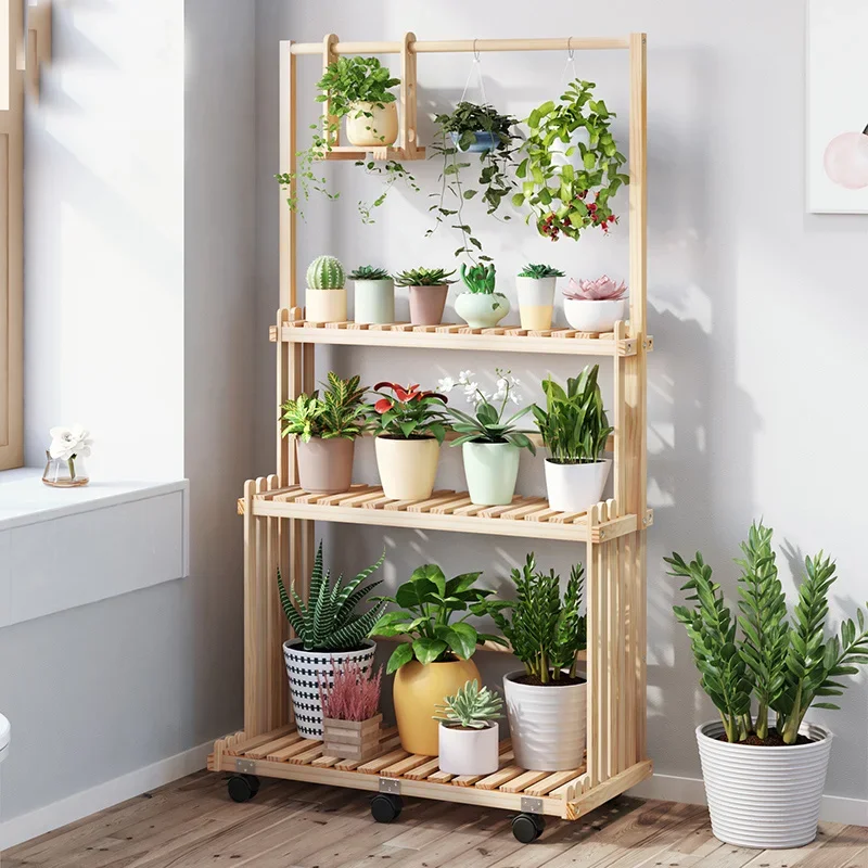 Floor Solid Wood Shelf for Flowers with Wheel Balcony Hanging Crane Plant Shelves Succulent Storage Rack Can Be Moved