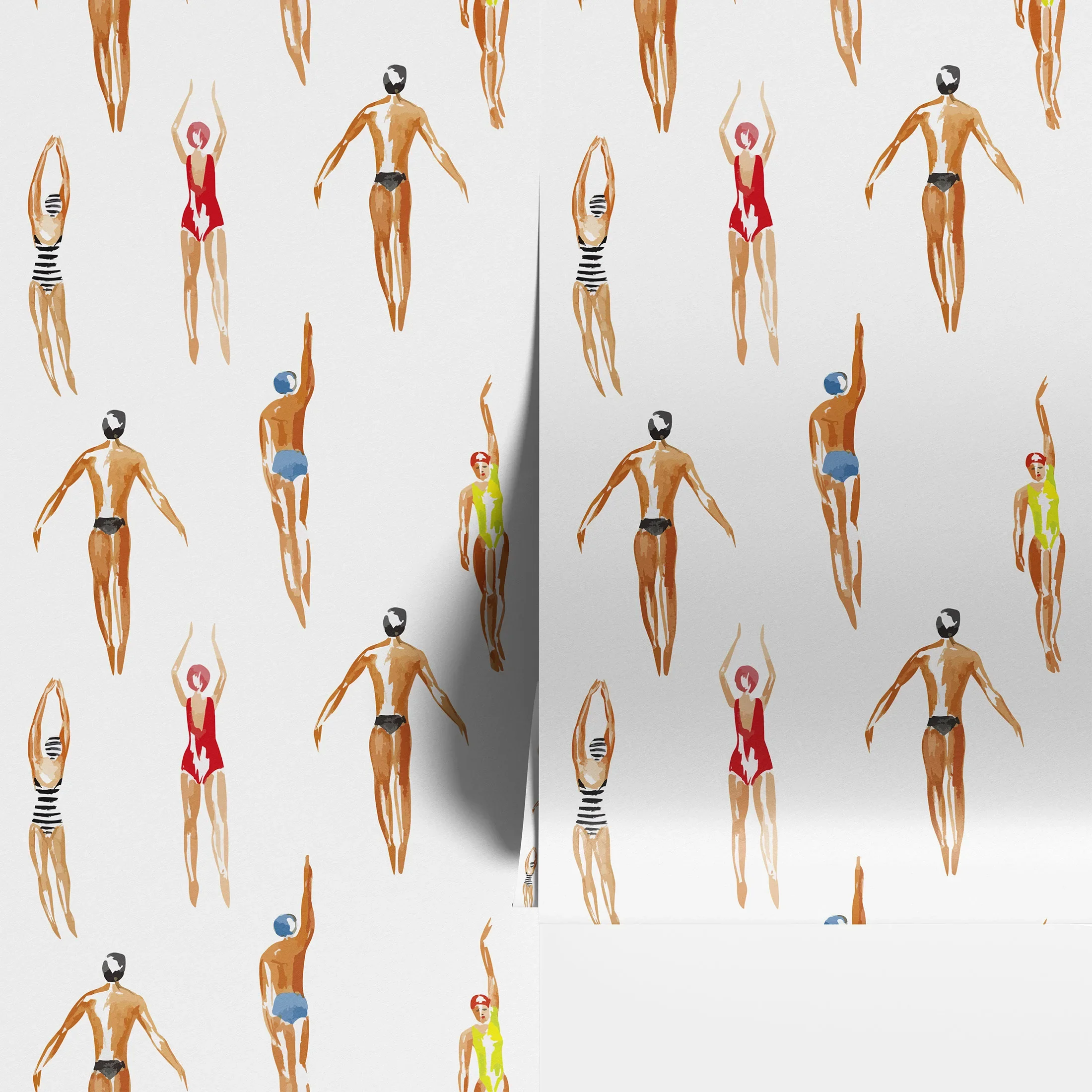 Watercolor Swimmer Wallpaper Vintage Swimwear Diver Print Wall Mural Summer Pool Party Wall Covering Beach Figure Decor