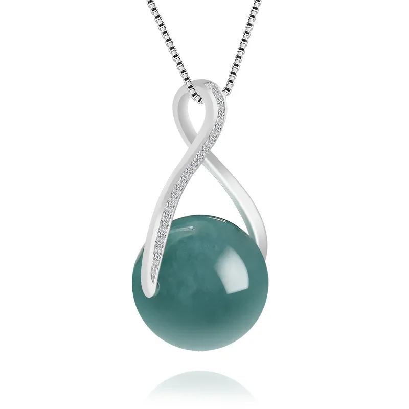 Natural A-grade Jade Blue Water Ball Pendant Glutinous Seed Jadeite S925 Silver Inlaid Fashionable Simple Women's Gifts Jewelry