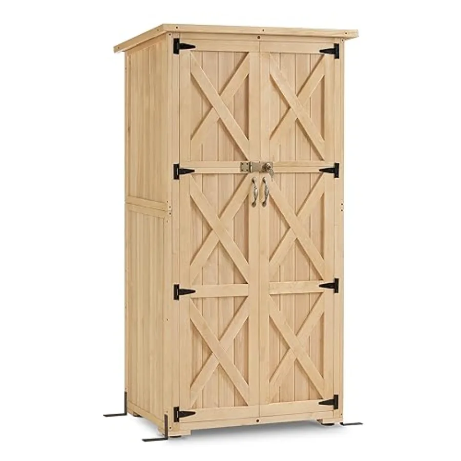 Outdoor storage cabinet for patio yard lawn use, made of wood, brown color, features lockable dual doors and weather-resistant