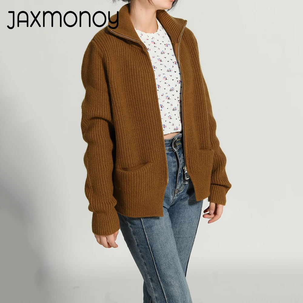 Jaxmonoy Women's Cardigan with Zipper Ladies Fashion Trun Down Collar Sweater Autumn Solid Color Knitted Tops Female New Arrival