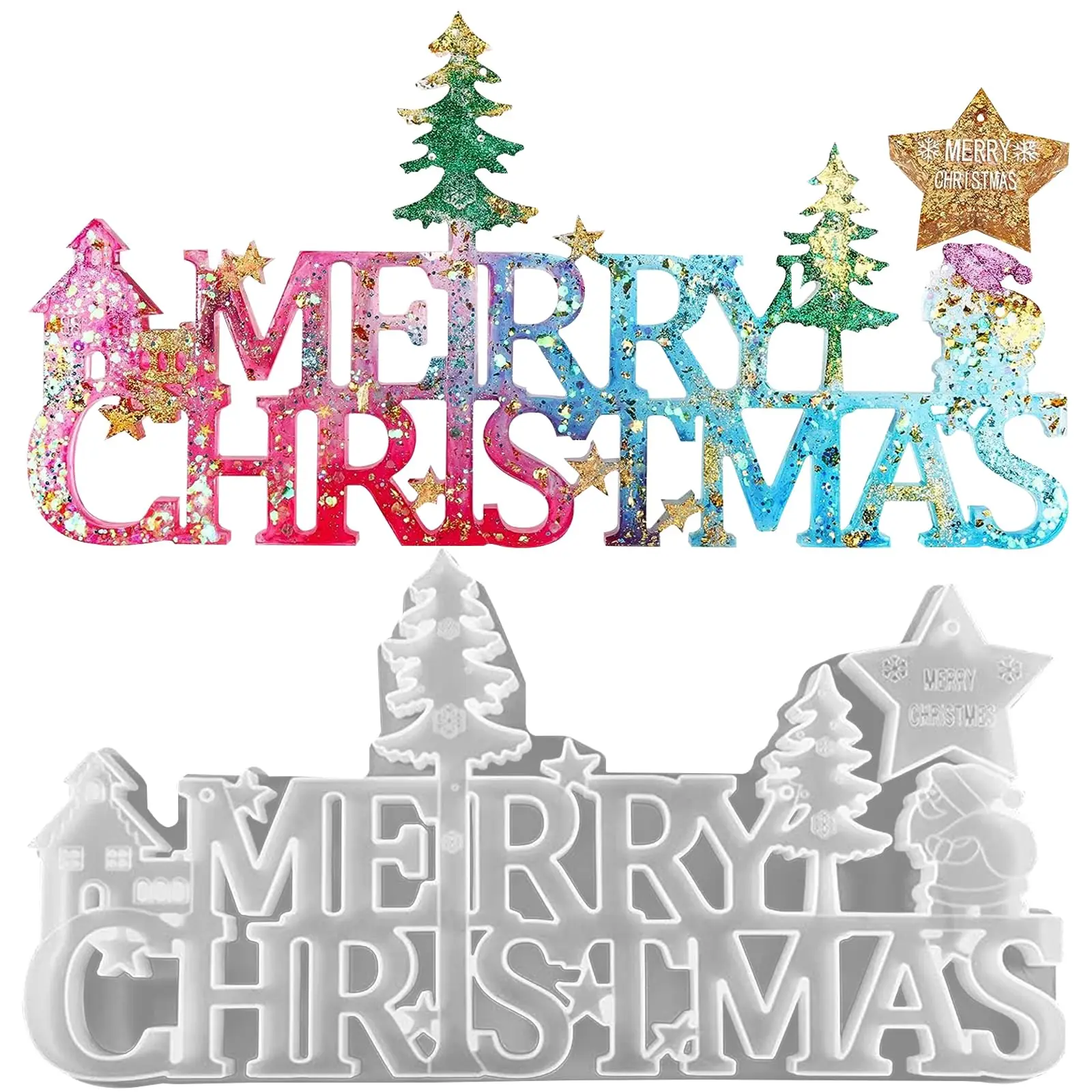 

3D Merry Christmas Word Sign Resin Mold Merry Christmas Letter Silicone Mold DIY Crystal Epoxy Mould DIY Table Home Decor 2024