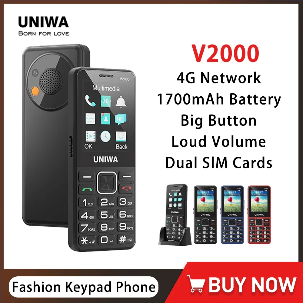 

UNIWA V2000 2.4 Inch 4G Fashion Keypad Phone 0.3MP Camera Big Button 1700mAh English Russia Keyboard Feature Phones for Elderly