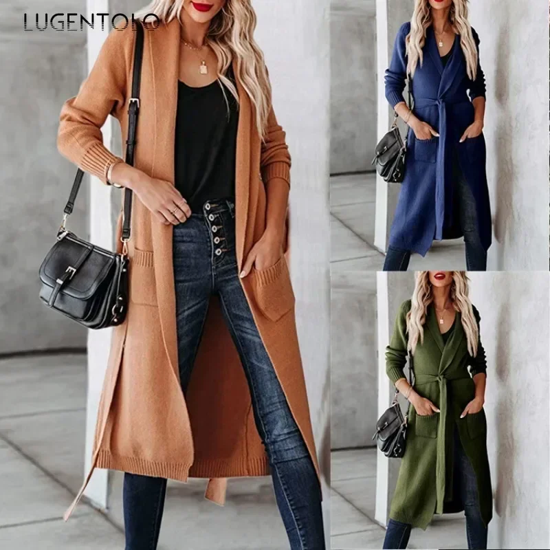 

Women Lapel Knitted Sweater Cardigan Lace-up Solid Pocket Loose Lady Casual New Autumn Winter Simple Long Clothing