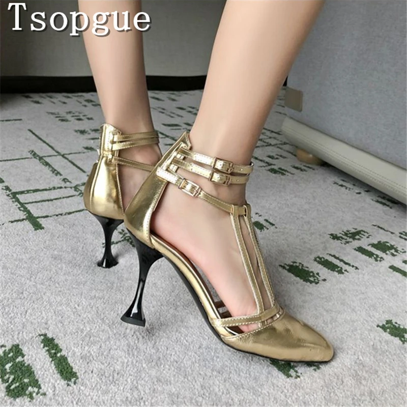 مصمم الذهبي غطاء تو الصنادل النساء العلامة التجارية أزياء T حزام الكاحل التفاف عالية الكعب الفاخرة حزب اللباس مضخات