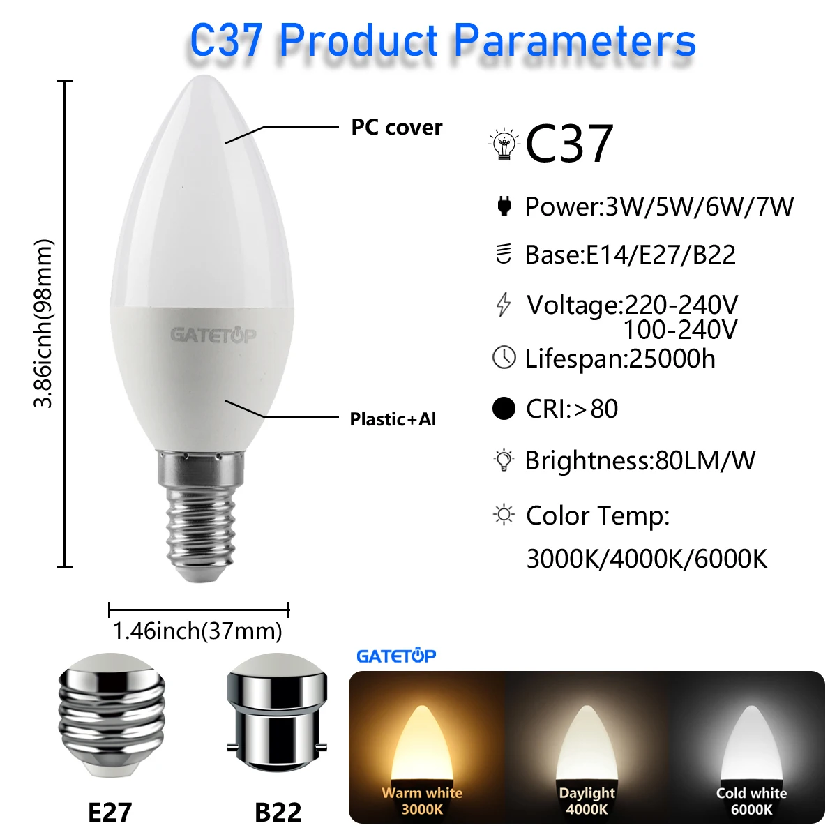 Lampu Golf LED, bohlam Led hemat energi G45 C37 E14 E27 B22 3W 5W 6W 7W AC230V AC110V 8 buah untuk dekorasi rumah