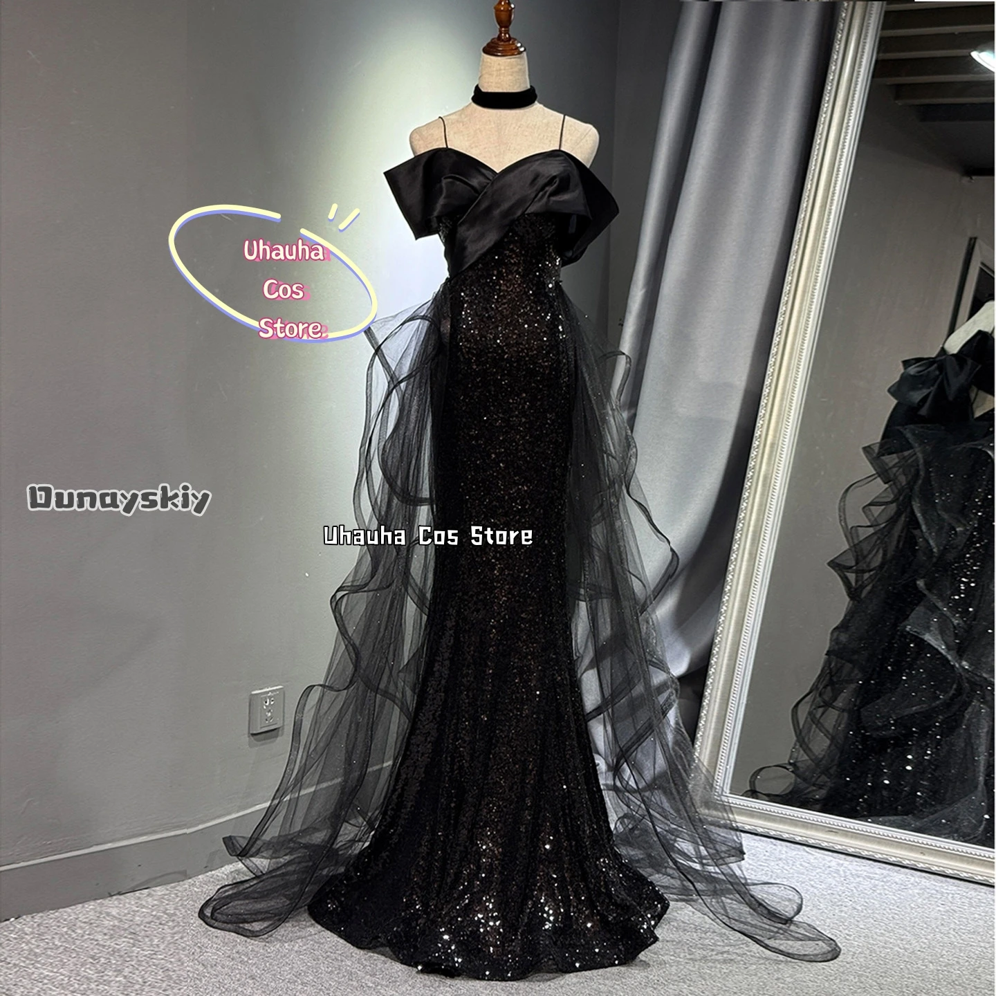 Cosplay Luxury Evening Dresses Costumes aBcUH@Black Sequin Mermaid Evening Gown Women Wedding Party Gowns Halloween Dress Up view 6