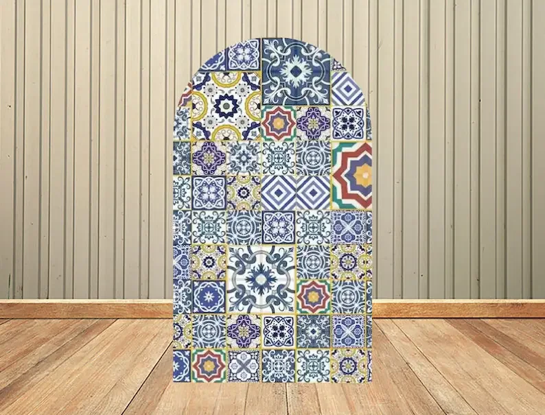 Mehofond-両面アーチの背景,地中海のレモンカバー,青と白の磁器,ブライダルシャワー,アーチ型のパーティーの背景