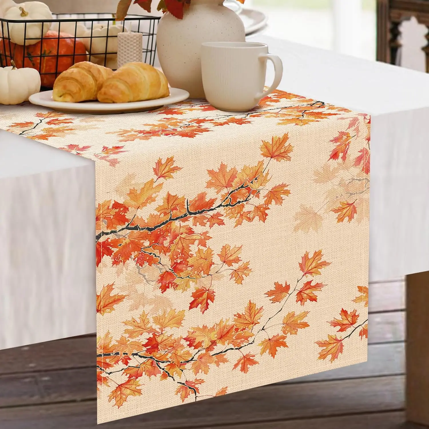 فروع حصاد الخريف أوراق القيقب الكتان الجدول عداء ديكور الحفلات مزرعة المطبخ طاولة طعام عداء زينة عيد الشكر #3