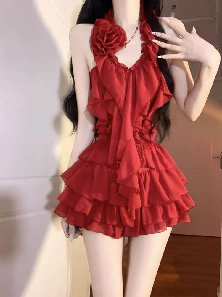 Lolita Sweet Sexy 2 Piece Skirt Sets Y2k 2000s Slim Sleeveless Tops + Kawaii Cake Mini Skirts Evening Party Vintage Suits Chic