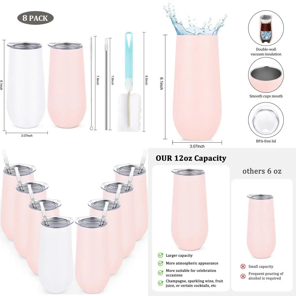 

Набор из 8 термоизолированных стаканов из нержавеющей стали, 12 унций, без ножки, идеально подходят для свадеб, вечеринок и торжеств - 7 розовых, 1 белый