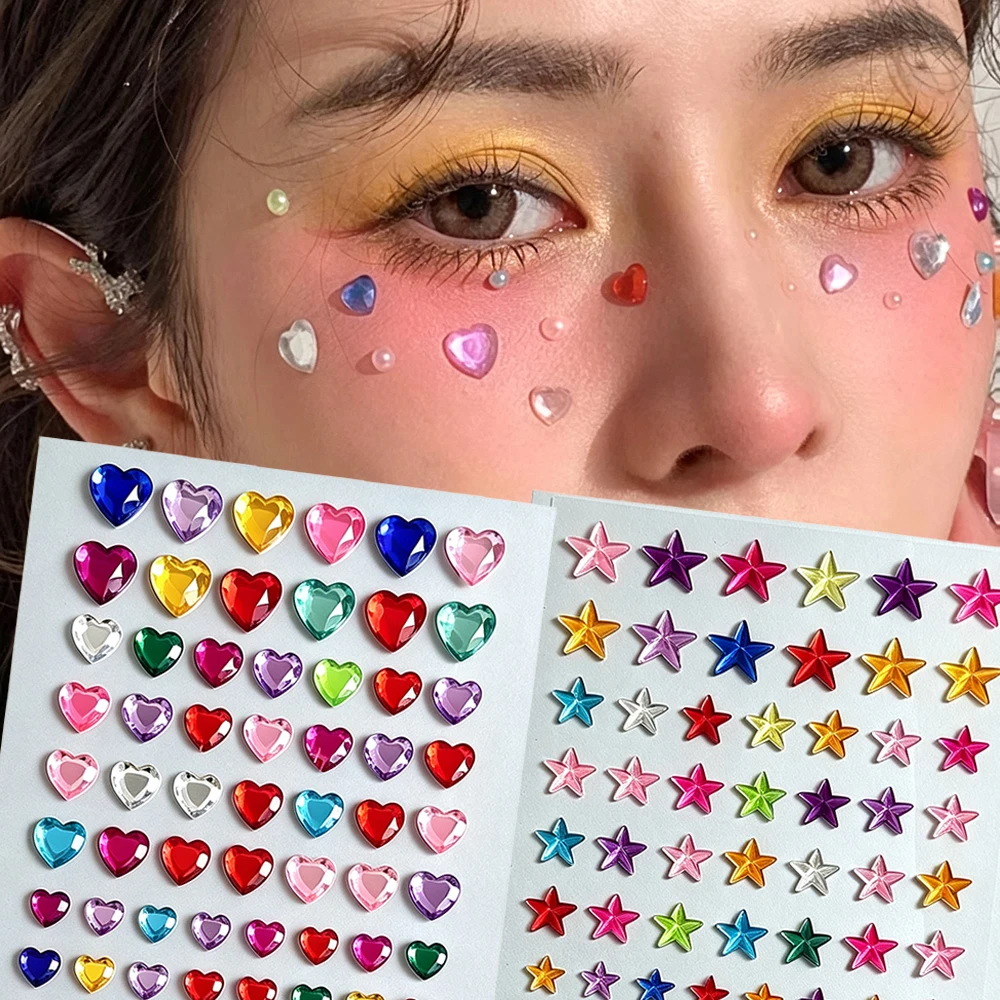 1Pcs 3D Multicolors Heart Star Face Jewel Stickers Self Adhesive Sparkly Rhinestone Tattoo Decals for Music Festival Body Decor