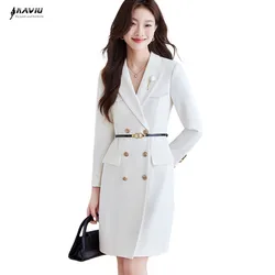 NAVIU Long Sleeve Dress For Women 2024 New Fashion Office Ladies Slim Blazer Dresses Chic Vintage Turn Down Collar Coats White