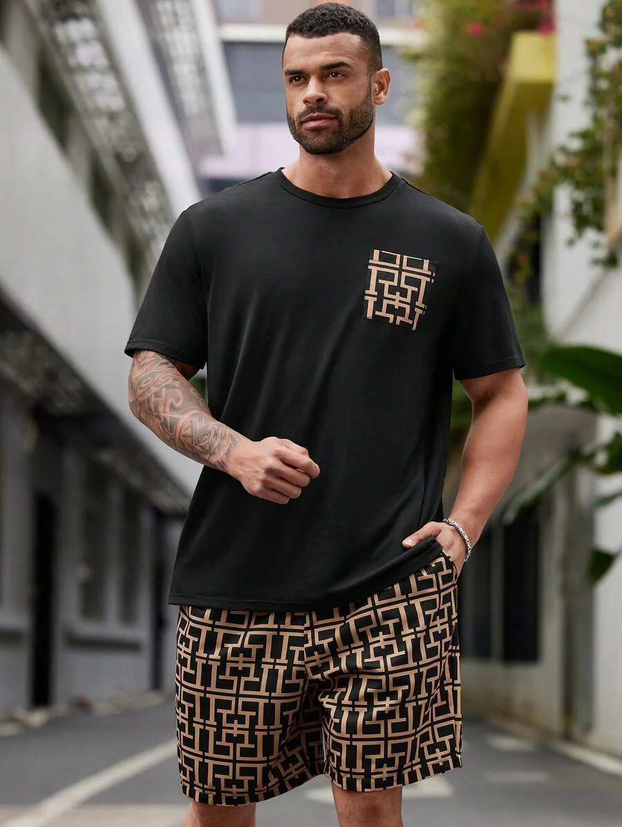 Men's plus size set, striped printed men's short sleeved T-shirt and drawstring shorts, 2 casual regular round neck T-shirts