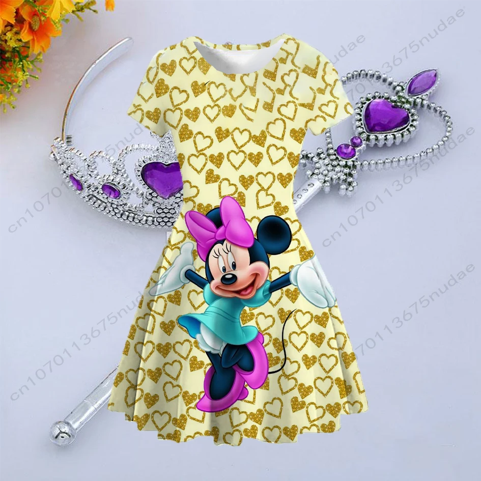 Girls' spring and summer Disney Minnie print dresses, cute cartoon youthful vitality, versatile casual short skirts