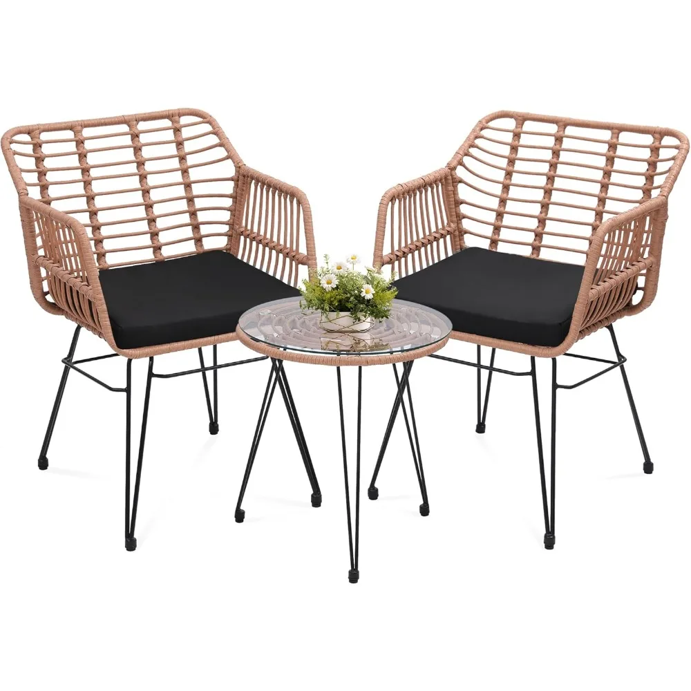 

3 Piece Wicker Patio Furniture Set,2 Rattan Chair and Glass Top Table,with seat cushion,all-weather durable garden chair