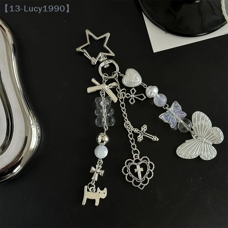 Y2k Butterfly Love Key Chain Bear Cross Beads Phone Pendant Headphone Case Charm Bag Decor Car Key Ring