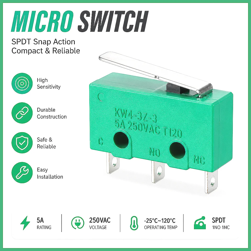 KW4-3Z-3 Micro Limit Switch SPDT NO NC 3 Terminals Momentary Short Straight Lever Green Switches 4Pcs