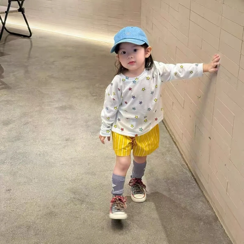 

Korean Boys Girls Thin Long Sleeve Tee Sun Protection Cover-Up Summer New Children White Star Print Top, Outfit Collection