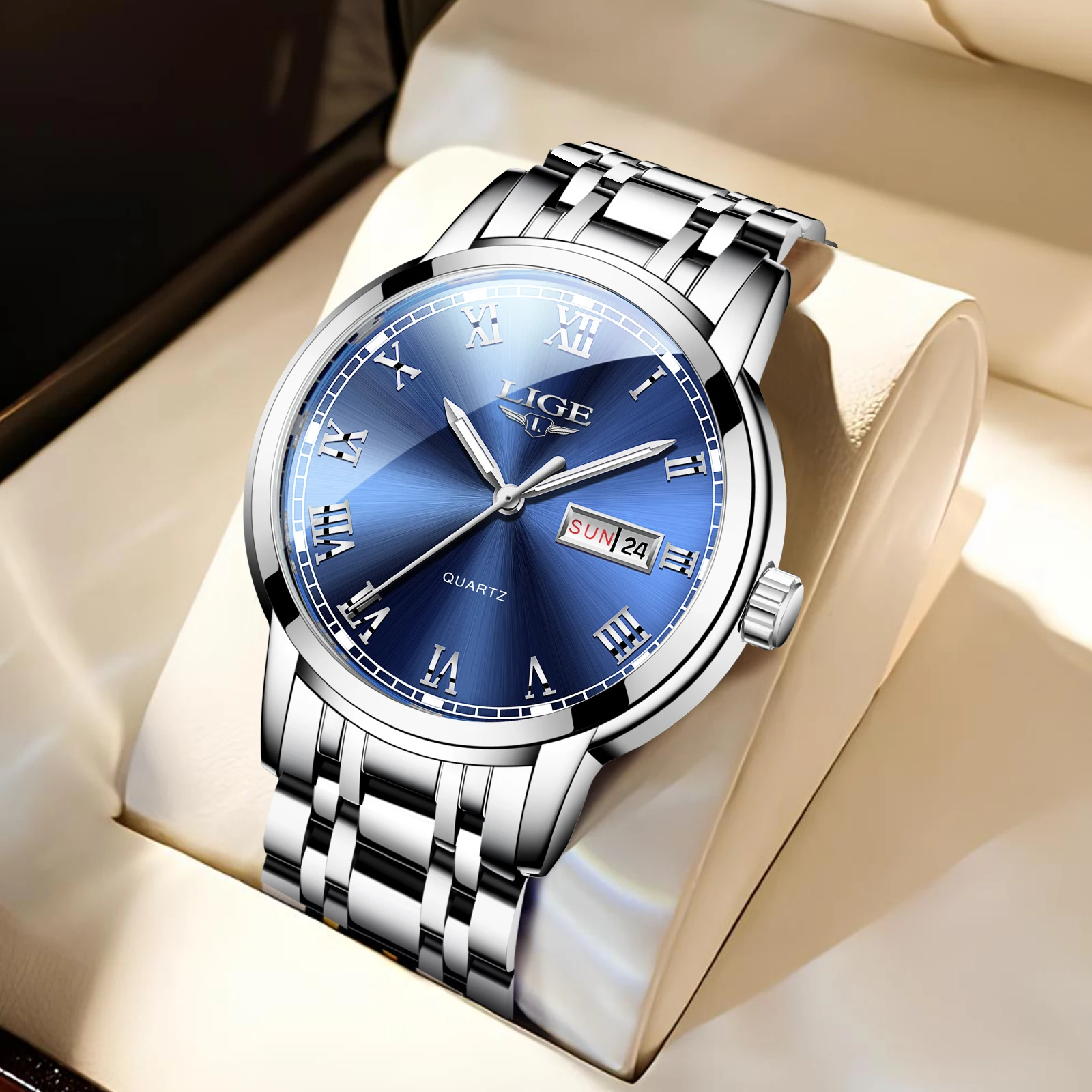 LIGE Top Brand Quartz Man Watch Fashion Casual Luxury Classic Sport Calendar Week Stainless Waterproof Luminous Watches Male+Box