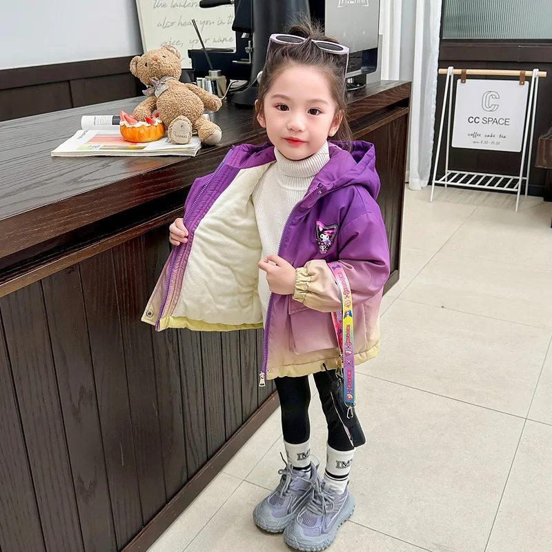 Sanrioed Kuromi Children's Hooded Jacket Girls Cartoon Velvet Overcoat Thickened Warm Autumn Winter Windbreaker Children Clothes