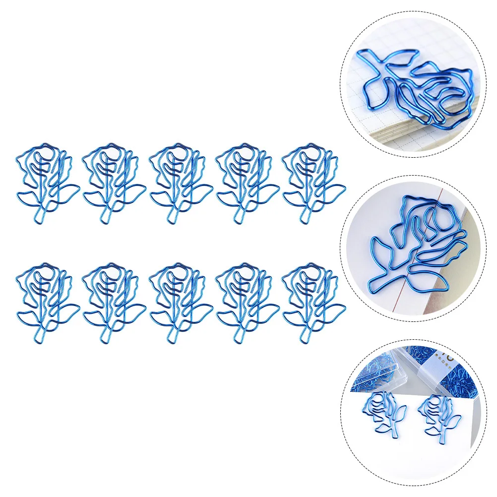 

10pcs Blue Rose Paper Clips Delicate Metal Bookmarks For Notes Documents Files Office School Stationery Shaped Planner Clips