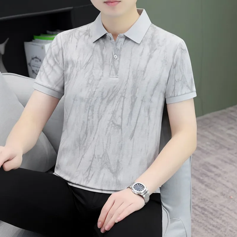 Men's Black Tie Dye Polo Shirt Short Sleeve Turn Down Collar Slim Fit Casual Gradient Top for Daily Wear
