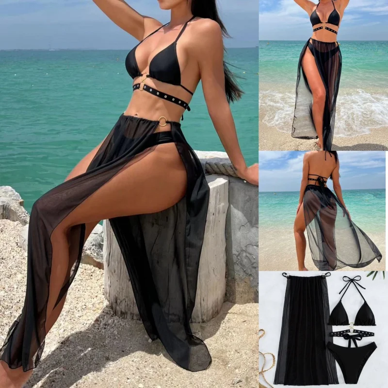 

New Plain Long Dress Lace-up Waist Black-Eye Lace-up Three-Piece Set Swimwear Bikinibikini