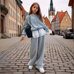 Teens Girls Clothes Set Autumn Grey Bow Tracksuit 2pcs Kids Clothing Sweatshirt Lace Sweatpants Fashion Casual Children Outfits