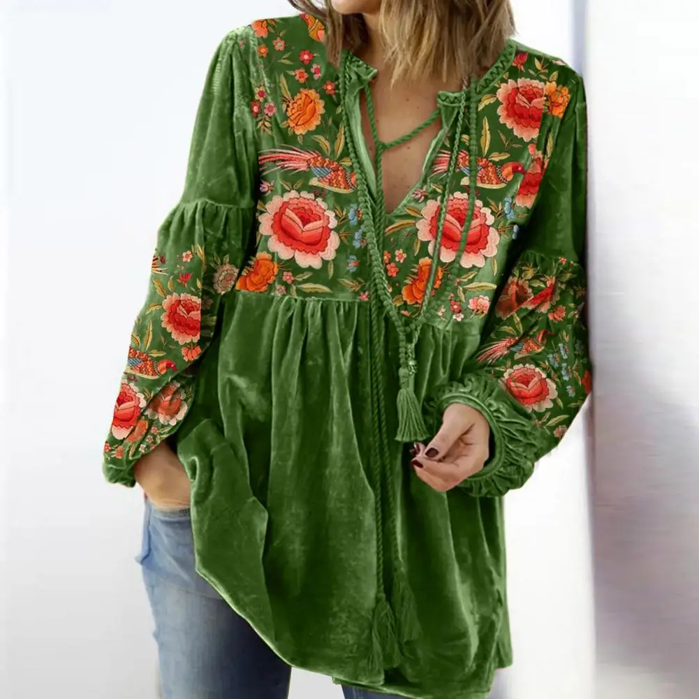 

Women Top Floral Print V Neck Drawstring Blouse for Women Retro Style Long Sleeve Pleated Top with Soft Patchwork Fall Spring