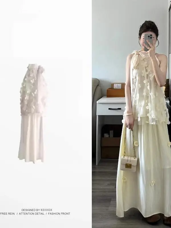 

Летний красивый комплект из двух предметов с цветочным принтом, жилет с атласом, топ, юбка длиной f, молодежный комплект из полиэстера