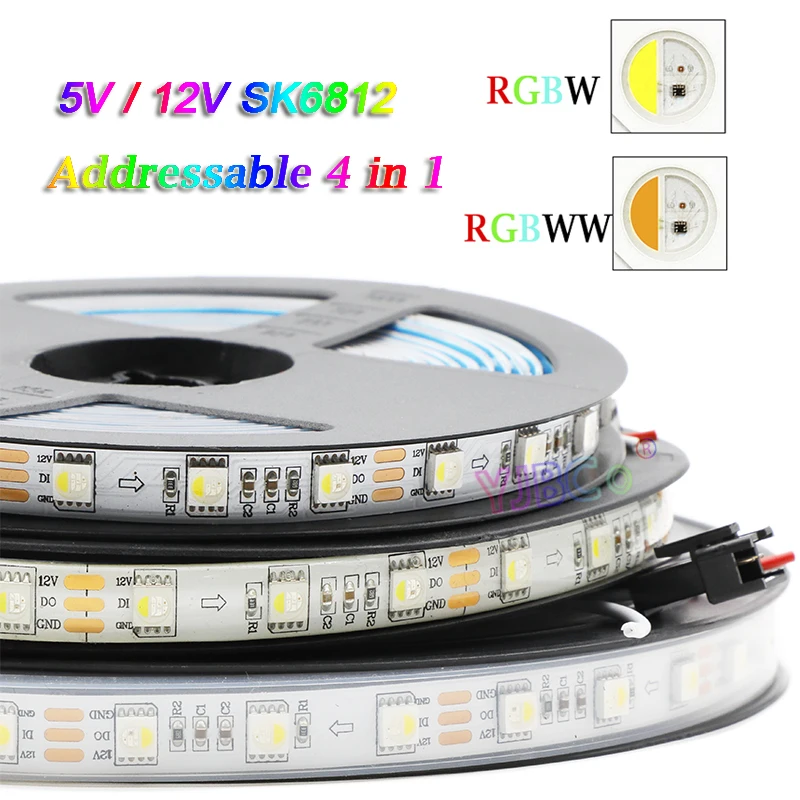 Addressable RGBW RGBWW 4 colors in 1 LED Strip Light 5V 12V 60leds/m 5050 RGB White pixle IC SK6812 flexible Smart Lights Tape