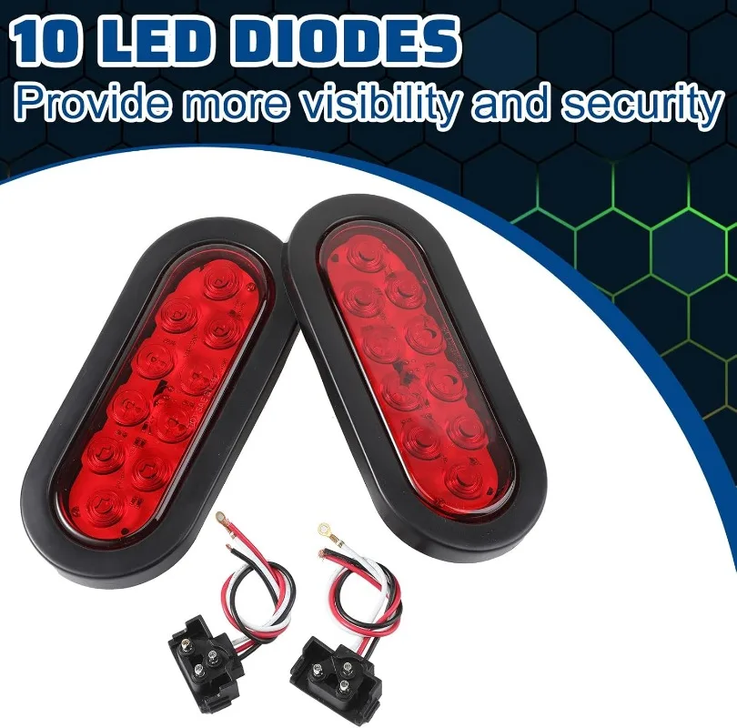 طقم إضاءة مقطورة LED بيضاوية مكون من 12 قطعة - 10 مصابيح توقف LED عكسية، بدوره، مصابيح خلفية مع أسلاك وحلقات معدنية - IP67 مقاومة للماء لـ