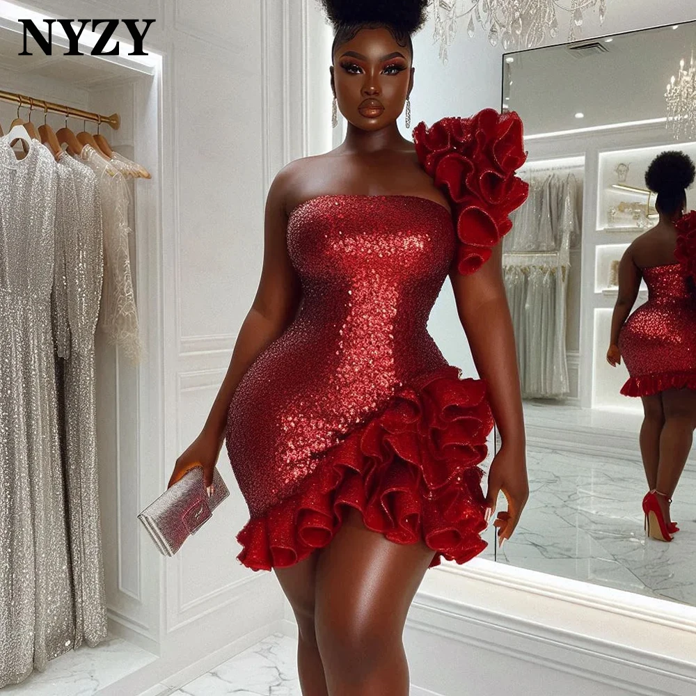 NYZY C375 Customized One Shoulder Ruffles Red Sequins Mini Dresses for Date Party Prom Cocktail Birthday Homecoming 2025