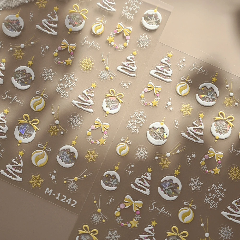 

Yellow White Christmas Tree Stars Bowknot Snowflake Shiny Polarized 3D Self Adhesive Nail Art Stickers Xmas Cute Manicure Decals